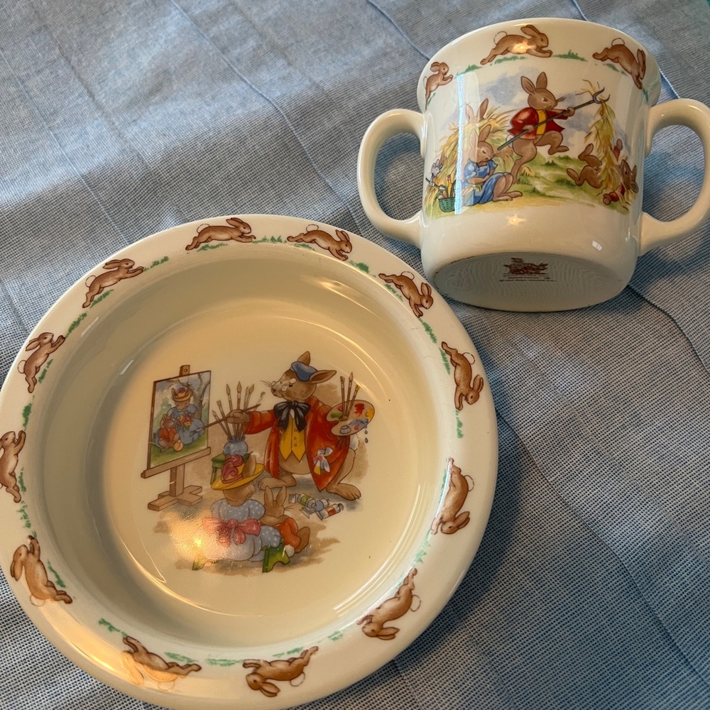 Bunny kin Royal Doulton bone China bowl and double handle mug.